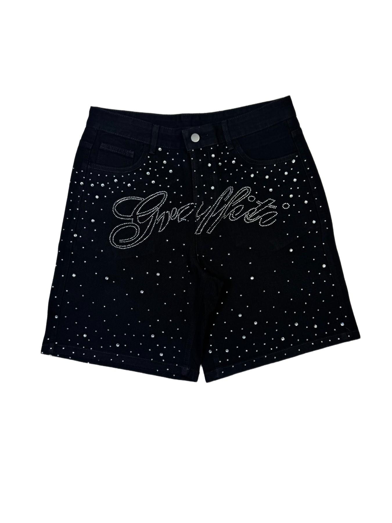 Summer Men's Rhinestone Letter Embellished Loose Fit Straight Leg Denim Shorts, Trendy American High Street Casual Five-Pocket Pants