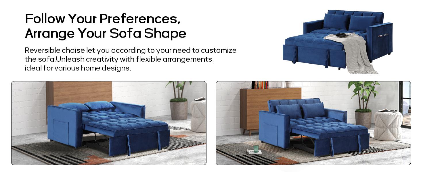 [SpringStatements] Convertible Sofa Bed 3 in 1 Multi-Functional Sleeper Couch, Futon Pull Out Bed, Velvet Loveseat Chaise Lounge with Side Pockets and Pillows, Modern Sleeper Sectional Sofa