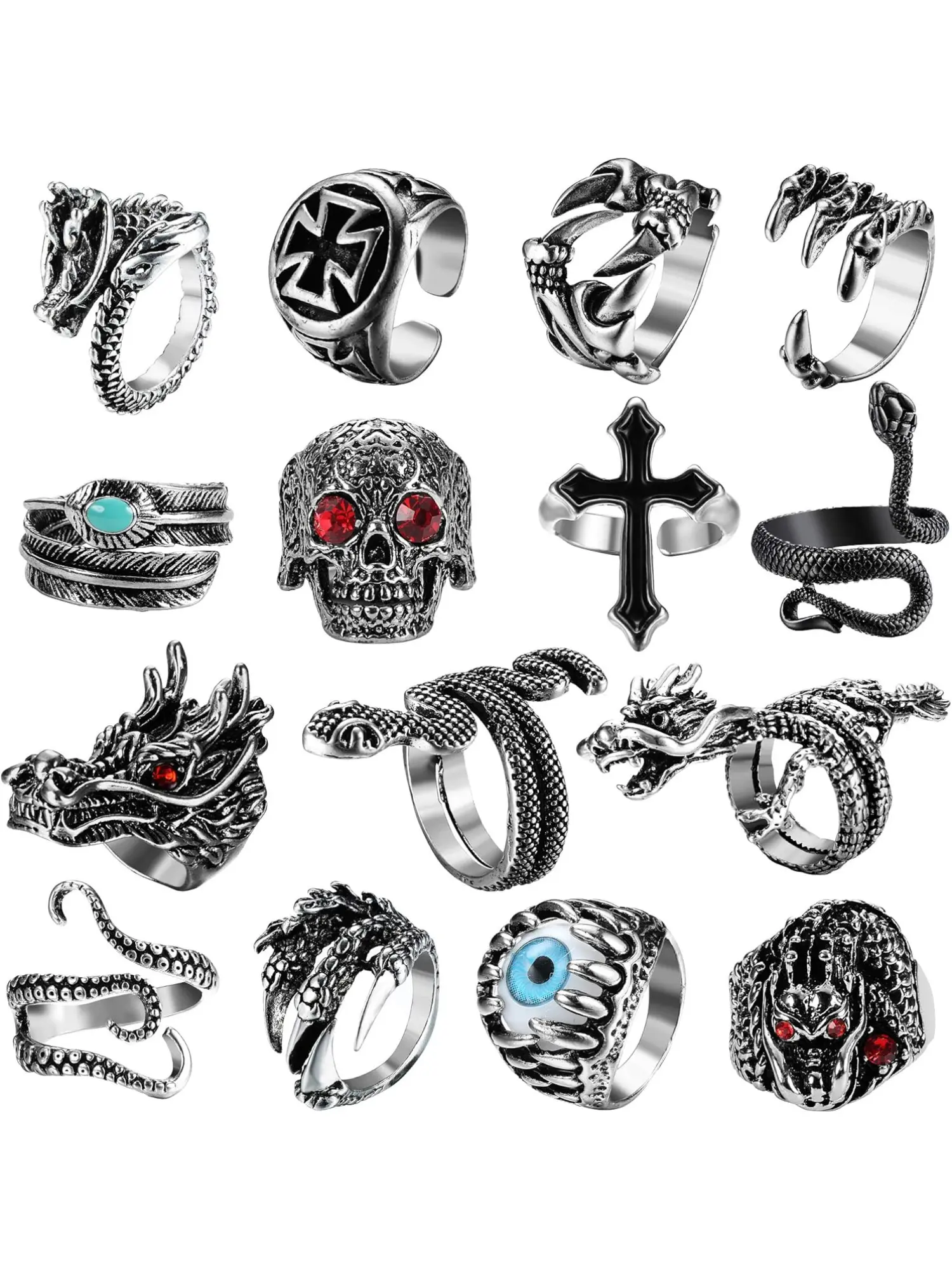 15Pcs Vintage Punk Rings for Men Women Snake Ring Dragon Open Rings Set Knuckle Stacking Ring Boho Finger Rings Trend Halloween Jewelry