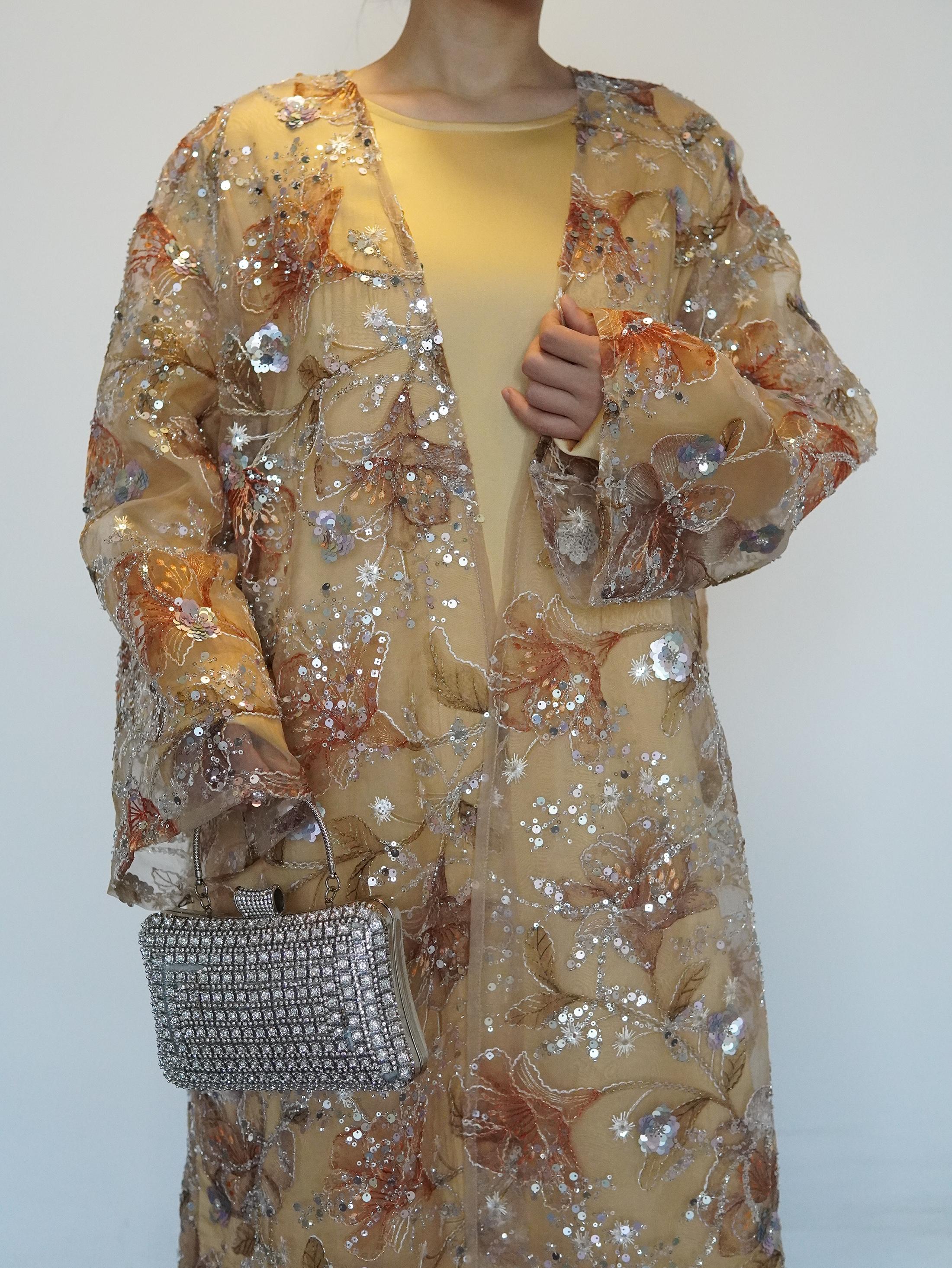 Women's 2-Piece Embroidered Flower Beaded Sequins Open Abaya and Satin Lined Dress Set (Open Abaya + Inner Dress)