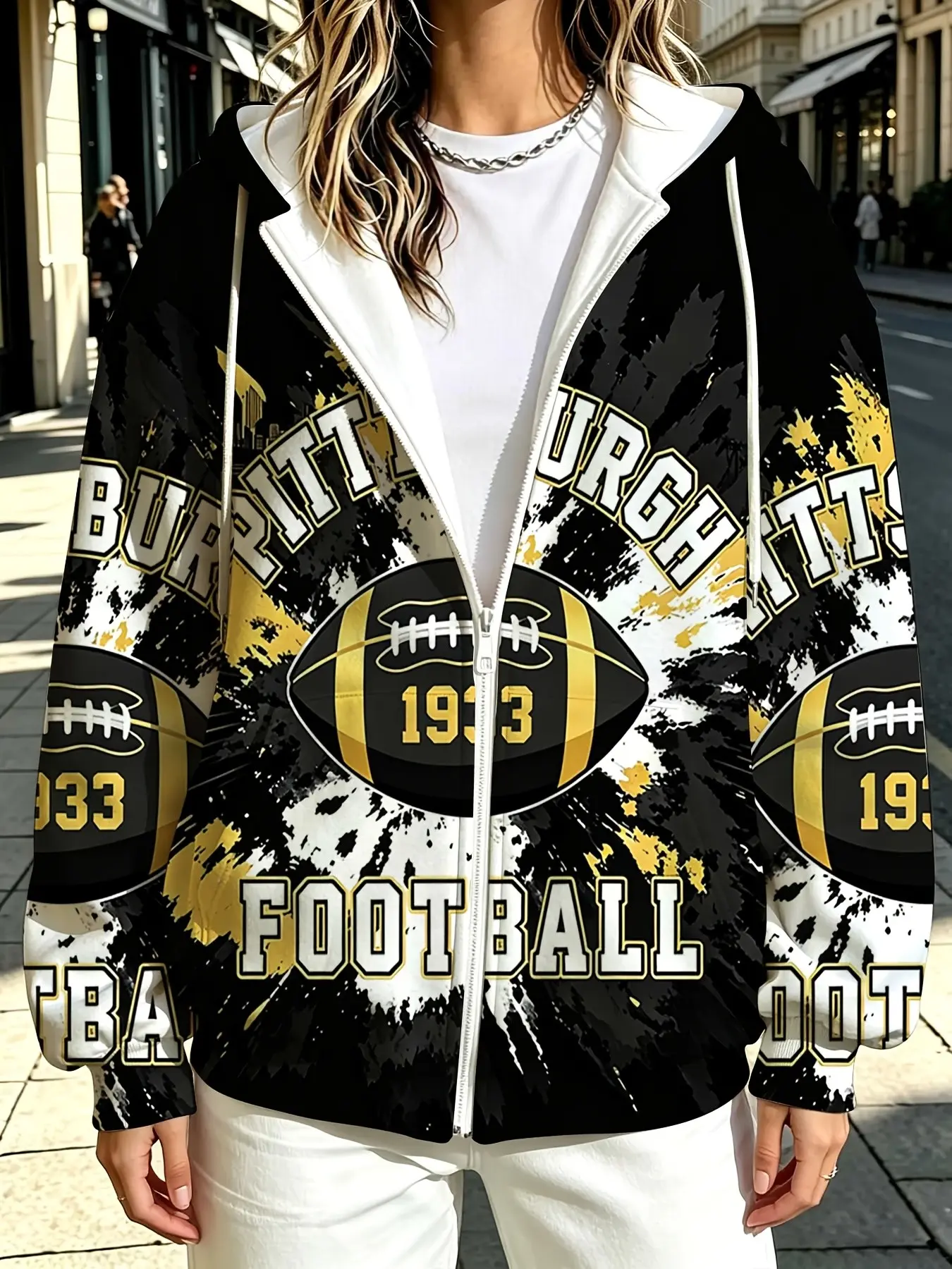 Women's Zip-Up Hoodie, Dallas Football Game City Skyline Bridge Print, Fall Casual Sportswear, Loose-Fitting Graphic Top