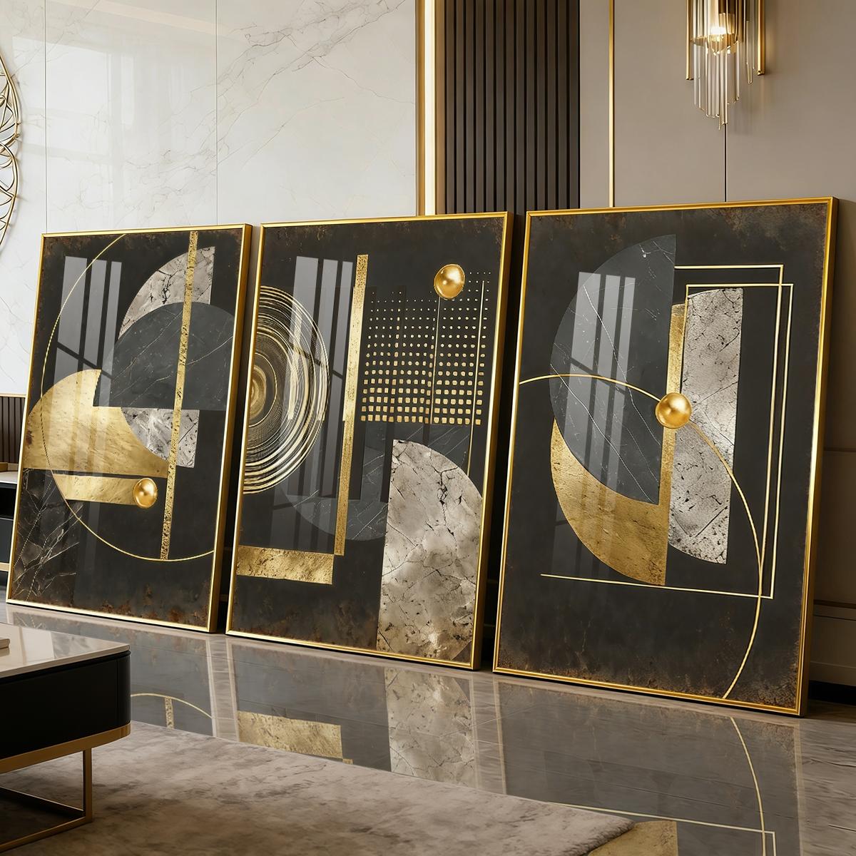 3 Counts Aluminum Alloy Framed Painting, Abstract Geometric Gold And Black Art Pictures, Home Decoration For Living Room, Bedroom, Office, Restaurant, Hallway Wall Decor, Odorless Print Artwork, Luxury Perfect Gift For Friends And Family