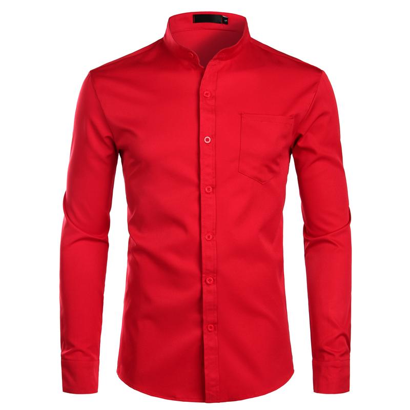 ZEROYAA Men's Red Banded Slim Fit Collar Long Sleeve Casual Button Down Dress Shirts with Chest Pocket Breathable Polyester Fabric Soft Top