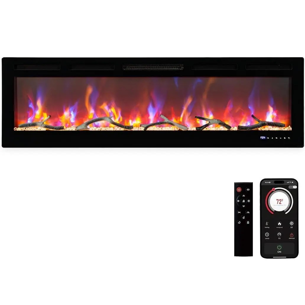 Garvee Electric Fireplace, 90 Inch Fireplace Heater Recessed and Wall Mounted, Low Noise with Multicolor Flame, Adjustable Flame Color and Speed, Control By WiFi and Remote, 750-1500W