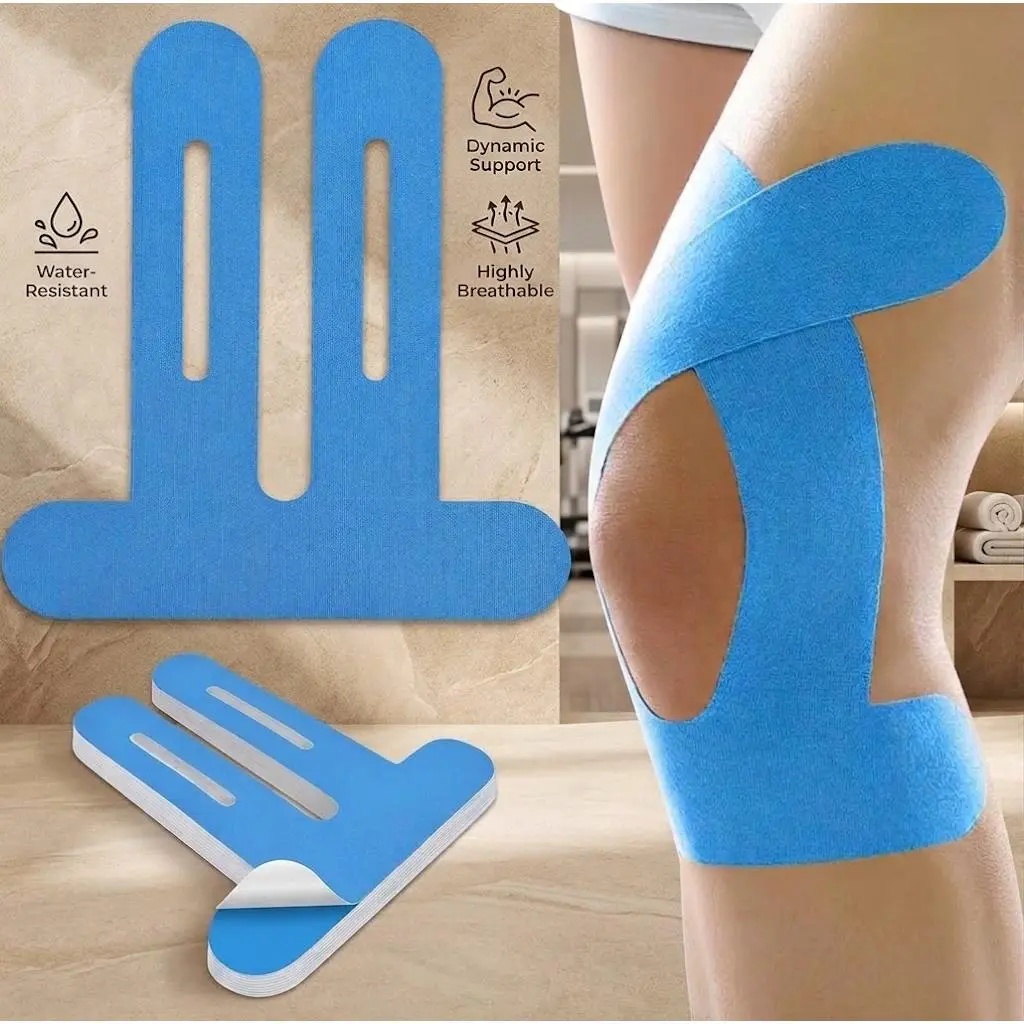 [HUOMAQFAN] 10-Pack Pre-Cut Kinesiology Knee Support Tape - Waterproof, Hypoallergenic, Elastic Athletic Tape for Sports, Daily Joint Pain Relief & Protection, Blue