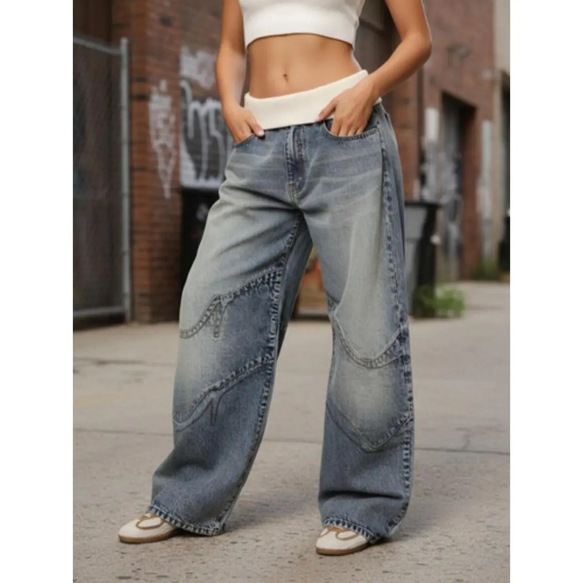 Y2K Light Wash Baggy Jeans -Revice Retro Skater Wide Leg Denim Pants, Distressed Straight Casual Bottoms with Pockets for Ladies Womenswear Basic Minimalist Trouser Streetwear Style Everyday