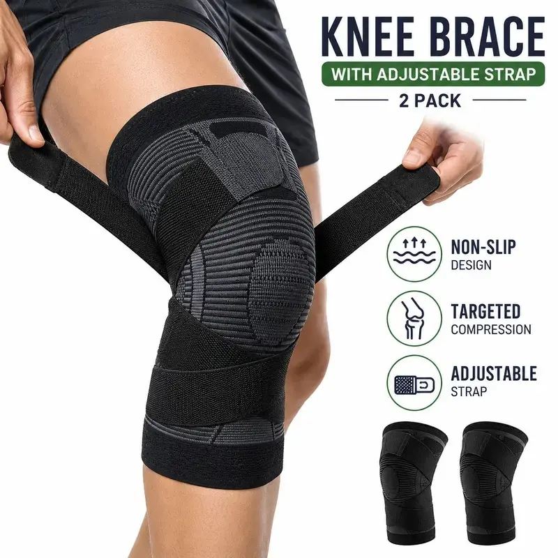 Unisex Multi-Size 2-Pack Adjustable Strap Runners Knee Brace - Anti-Slip Grip Sports Sleeve, Compression Leg Gear for Volleyball, Arthritis & ACL Pain Relief