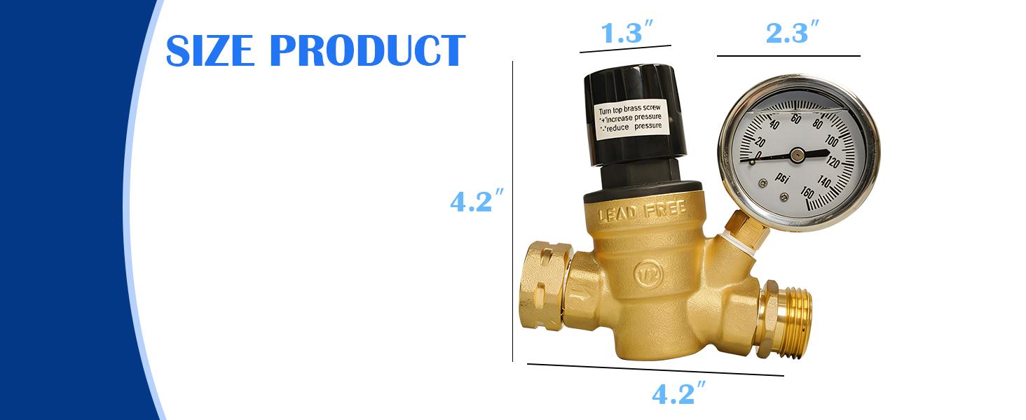 RV Water Pressure Regulator, Adjustable Handle Brass Water Pressure Regulator, Water Pressure Reducer with Gauge and Inlet Screened Filter for RV Camper Travel Trailer