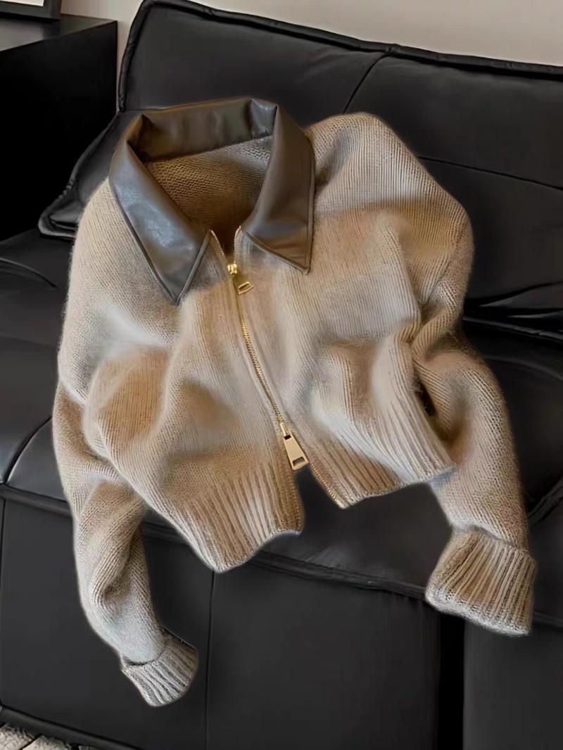 Fashion Casual Leather Collar Zipper Short Knit Cardigan Jacket, Long Sleeve Loose-Fitting Colorblock Design for Fall & Winter