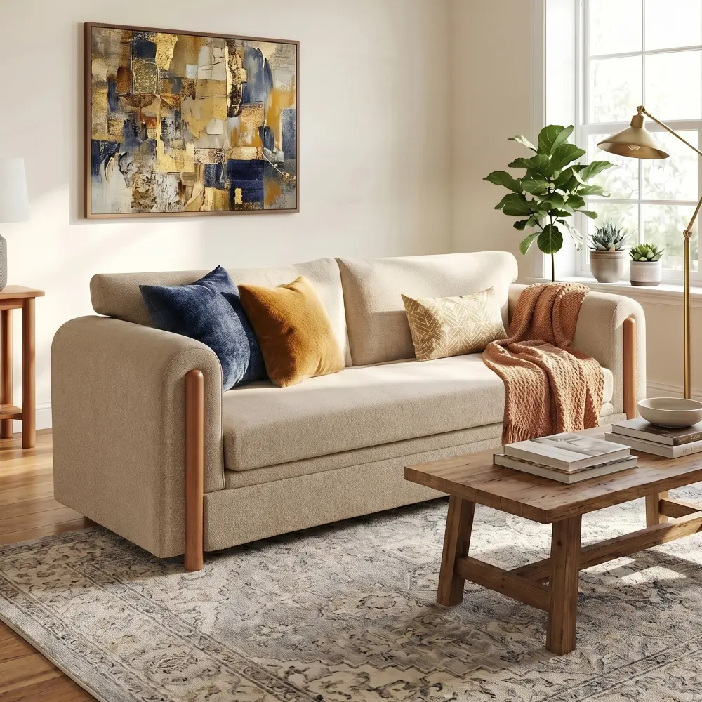 Modern 79.1" Upholstered 3-Seater Sofa, Comfy Accent Couch for Living Room, Apartment, Small Space, Oatmeal