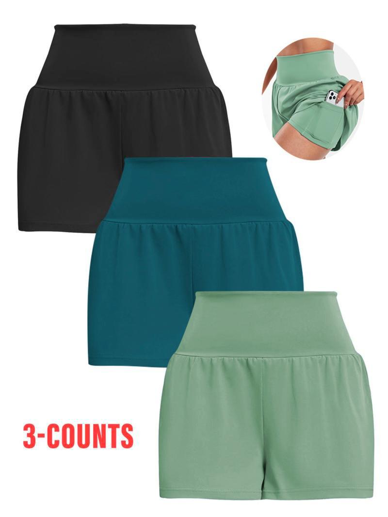 Women's Solid Color Pocket Sports Shorts, Comfy Breathable 2 in 1 Shorts for Yoga Gym Workout Running, Ladies Sportswear for All Seasons