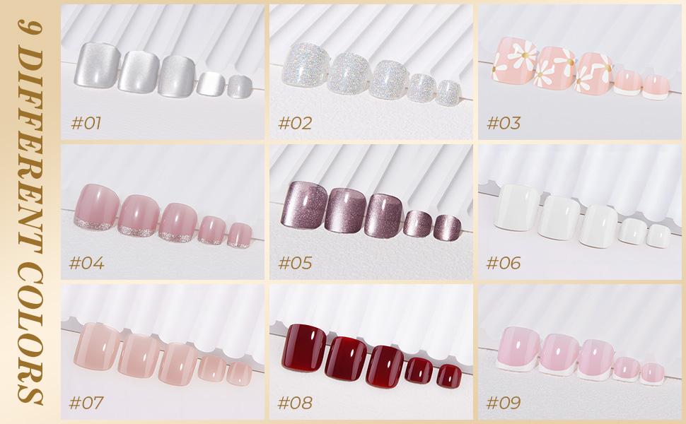 White French Tips Press on Toenails Short Square, Acrylic Designs Toe Nails Press ons Set, Artificial Perfectly Fit False Toenails for Women with Glue/Sticker On Toenails, Fake Toes nail Kit