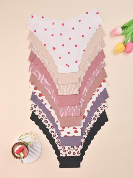 Women's Seamless Underwear Set, Leopard & Heart Patterns, Fitted Design, Comfortable Skin-Friendly Fabric, All-Season Wear, Seamless Panties Set