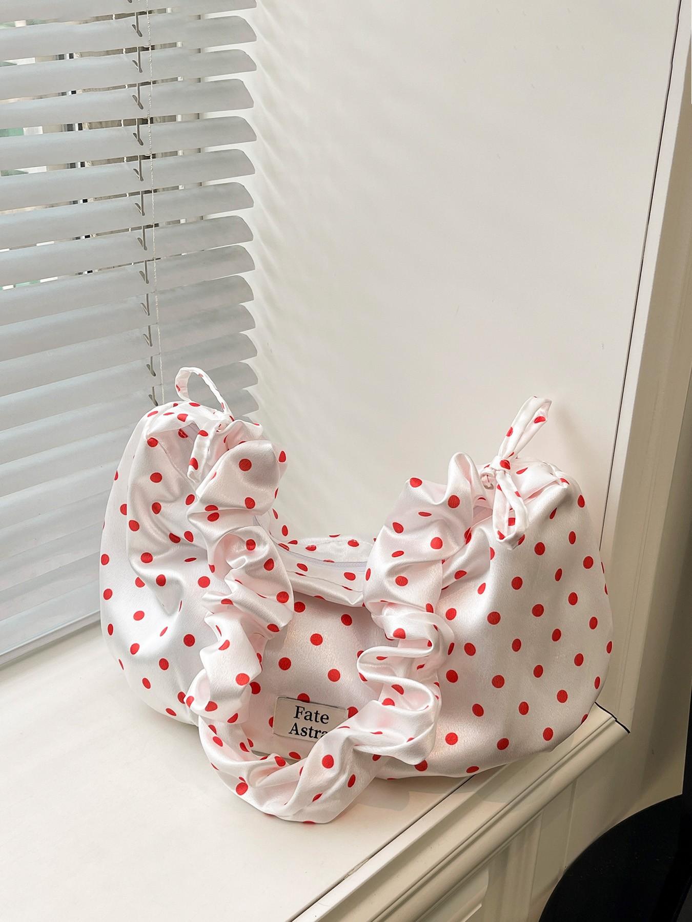 1pc Ladies' cute polka dot shoulder bag, pleated elastic shoulder strap design, aesthetic retro cloud bag with "Fate Astra" label, sweet casual daily perfect for spring and summer wear