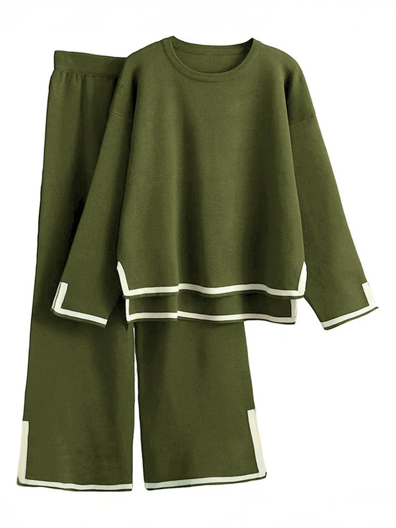 Fashion Casual Colorblock Knit Top and Pants Set, Round Neck Long Sleeve Sweater, Fall & Winter Fitted, Women's Clothing