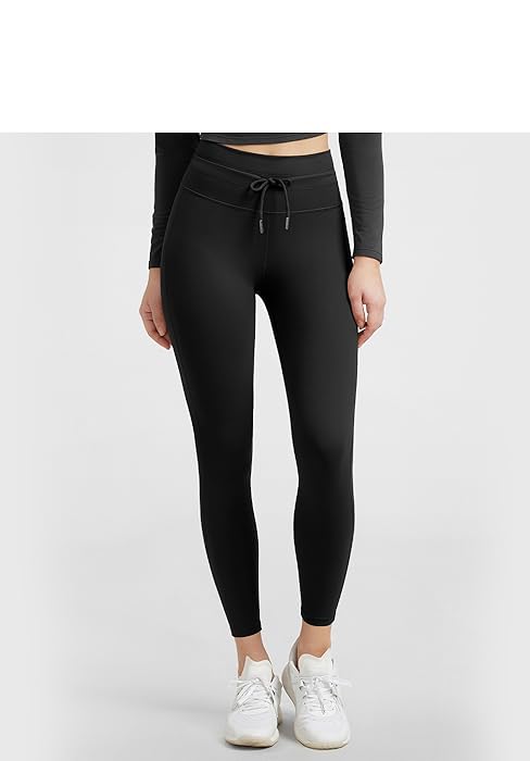 ODODOS Female High-Waist Leggings - 25"/28" Inseam, Drawstring Tie, Pockets, Sporty Chic for Workout Yoga (Brunette, Charcoal, Burgundy Color Options), Adjustable Waist Leggings, Athletic Fitted Leggings