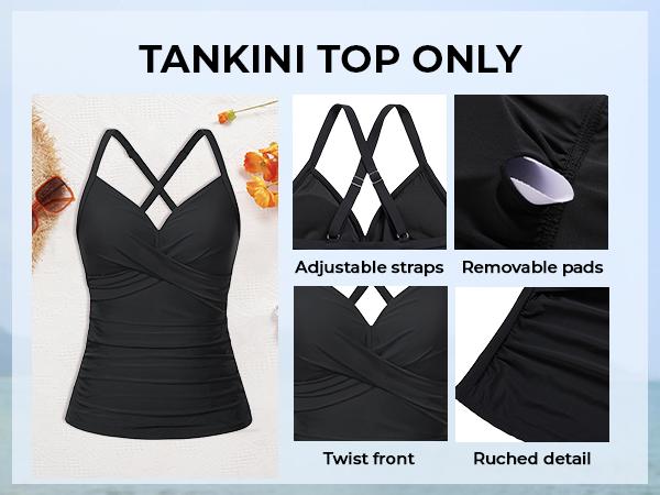 Tempt Me Women Tankini Bathing Suit Top - Twist Front V Neck Swim Top Ruched Tummy Control Top Only No Bottom