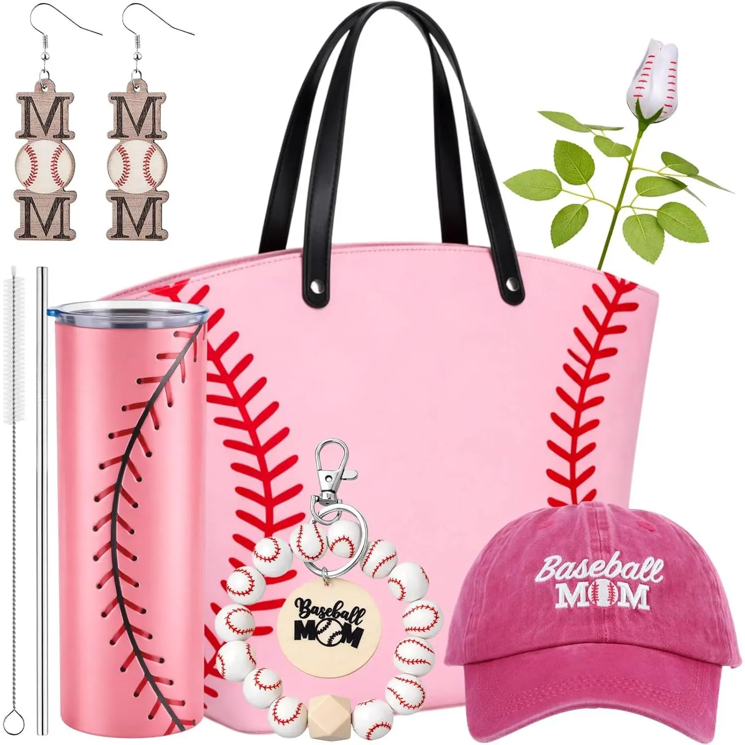 Sieral 6-Piece Baseball Mom Gift Set with Large Bag, Stainless Steel Tumbler (with Straw), Hat, Keychain, Earring, Rose Flower for Birthday Gift Ideas (Pink)