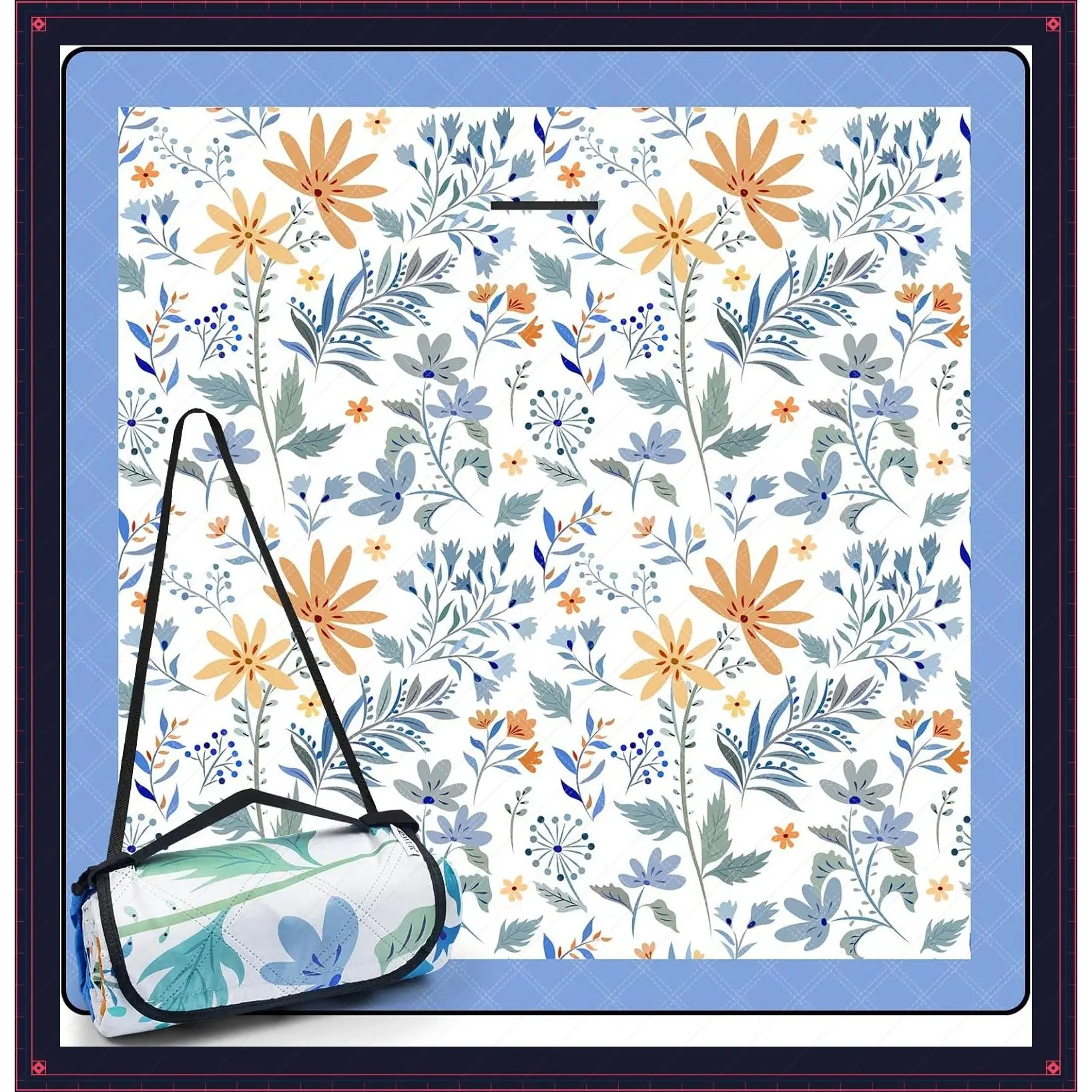 79"x79" Extra Large Waterproof Sandproof Picnic Blanket - Washable Foldable Portable Outdoor Beach Mat for Grass Lawn Camping, White with FlowersGift