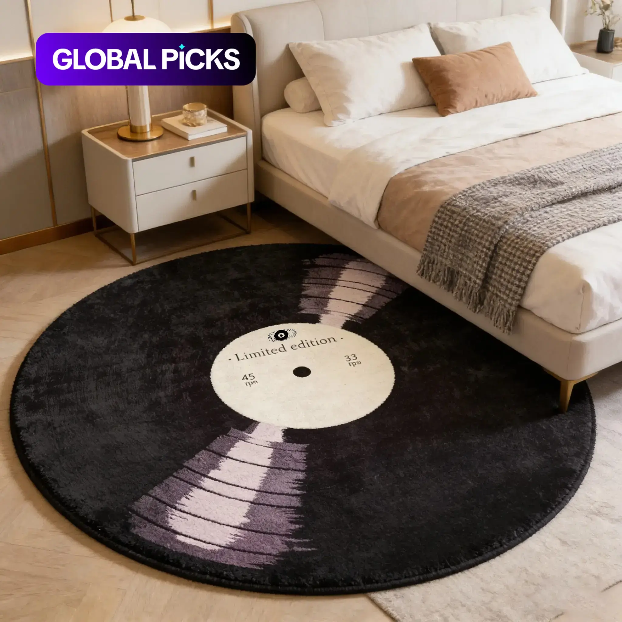 Round Rug with Vinyl Record Pattern, Soft Non-Shedding Decorative Area Rug, Cozy Home Decor Rug for Living Room, Sofa & Bedside, Multiple Sizes Available