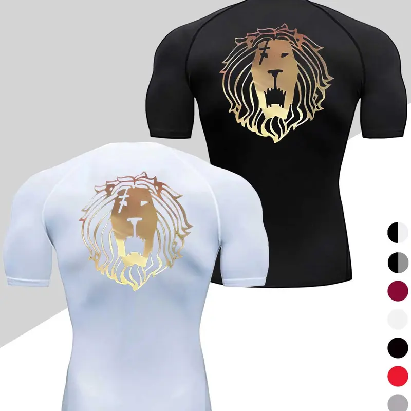 Men's Quick-Dry Compression Sports Tee, Lion Print Short Sleeve, Breathable Sweat-Wicking Fabric, Ideal for Gym Cycling Running Outdoor, Sportswear for Training