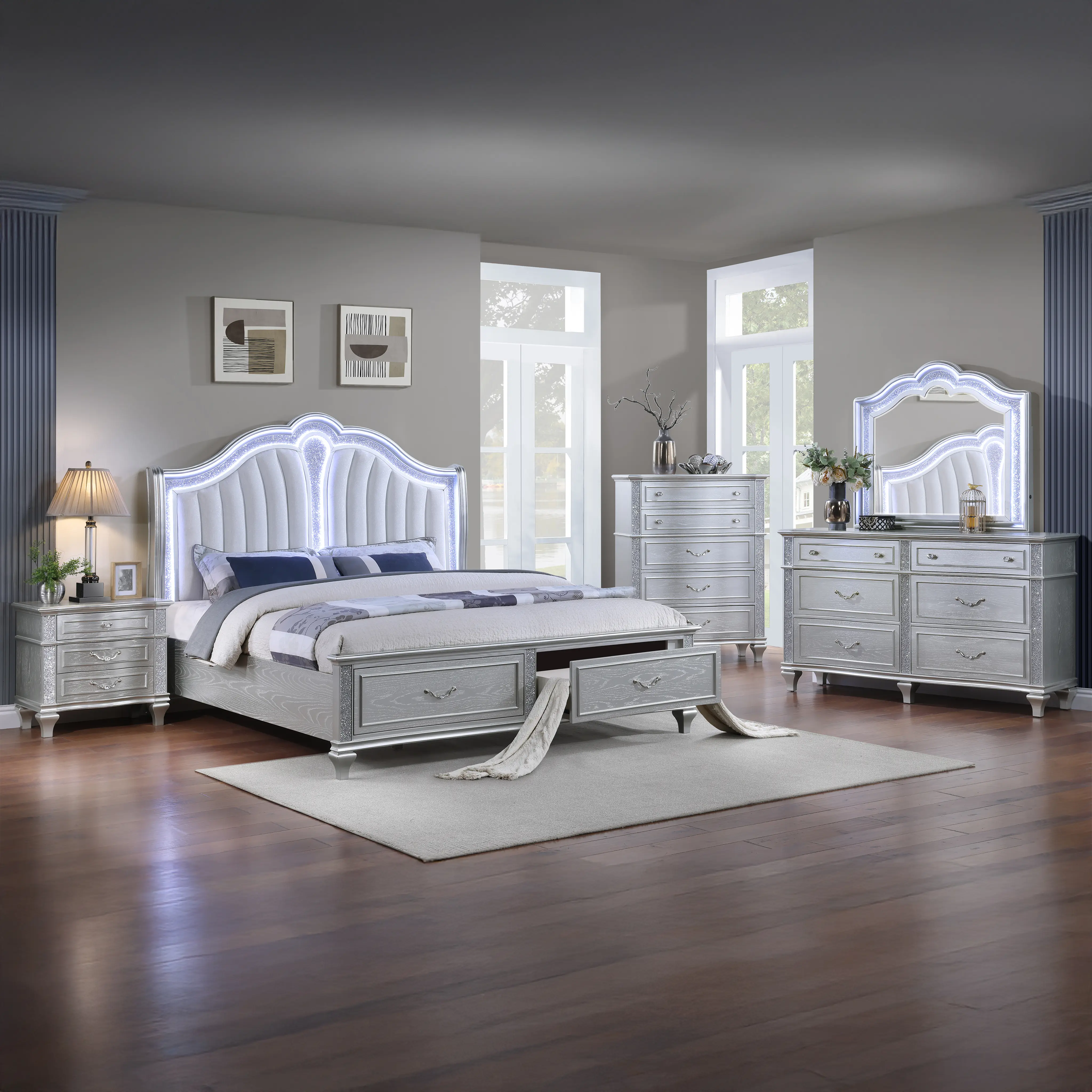 Nokaa Queen Size 5-Piece Bedroom Set with LED Tufted Headboard, Wood Frame, Polyester Upholstery, Silver Finish, Includes Bed, Dresser, Mirror, Nightstand & Chest, Contemporary Style, Built-in Lighting, No Box Spring Needed, Bedroom Furniture Suite