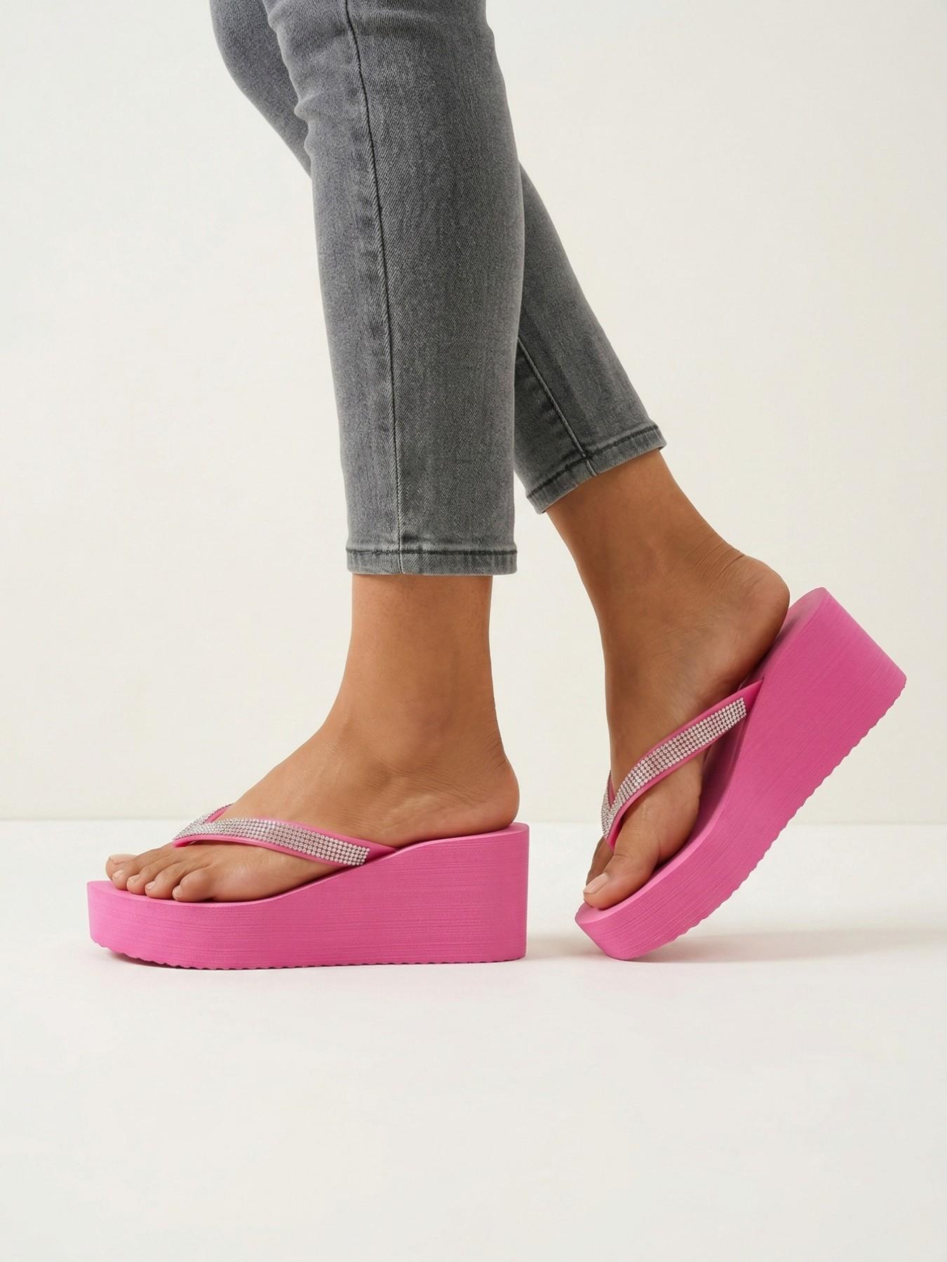 Summer New Rhinestone Thick Sole Sandals for Women, Wedge Platform Shoes, Beach & Poolside Height-Boosting Slippers