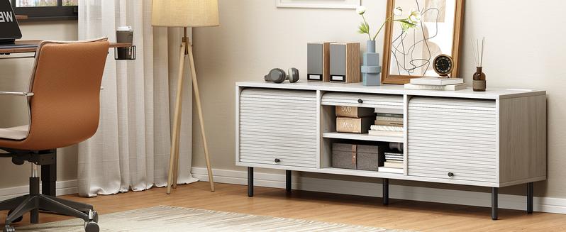 【Valentine's Day gift】ONBRILL 59 Inch TV Stand for TVs up to 65 Inch, Entertainment Center with Power Outlet, Mid-Century Modern TV Console with Storage, Adjustable Shelf & Sliding Doors, TV Stand for Living Room