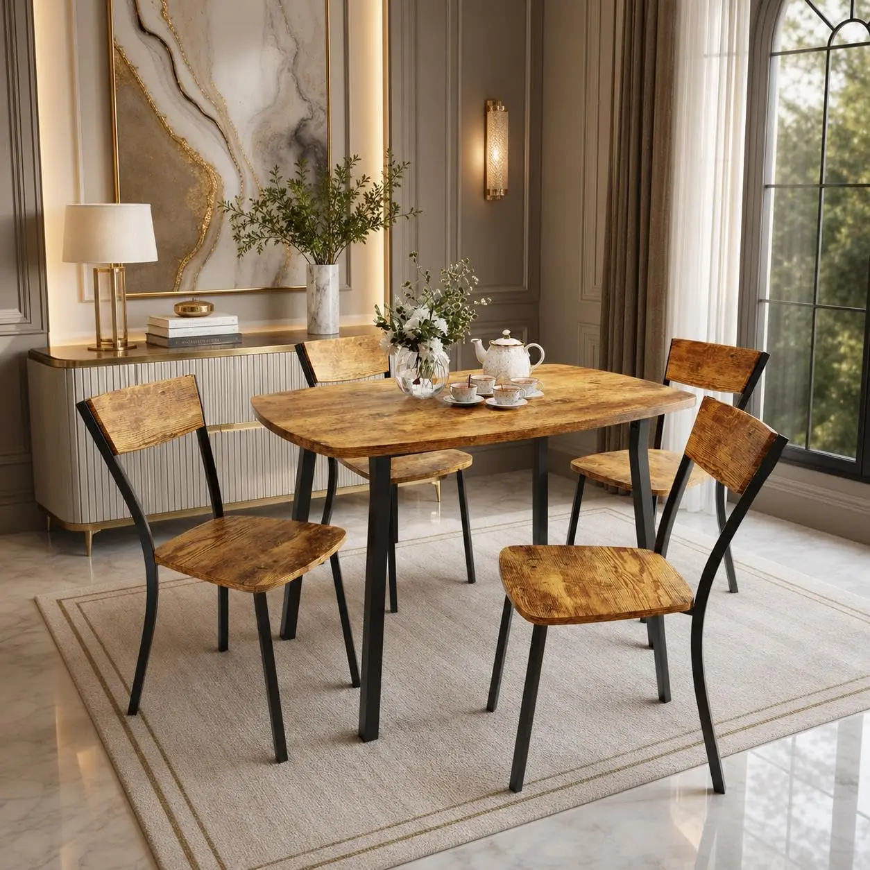 Space-Saving 5-Piece Dining Table Set for 4 - 43" Square MDF Kitchen Table + 4 Trapezoid-Back Chairs - Rounded Corners, Steel Tube Legs - Rustic/Vintage