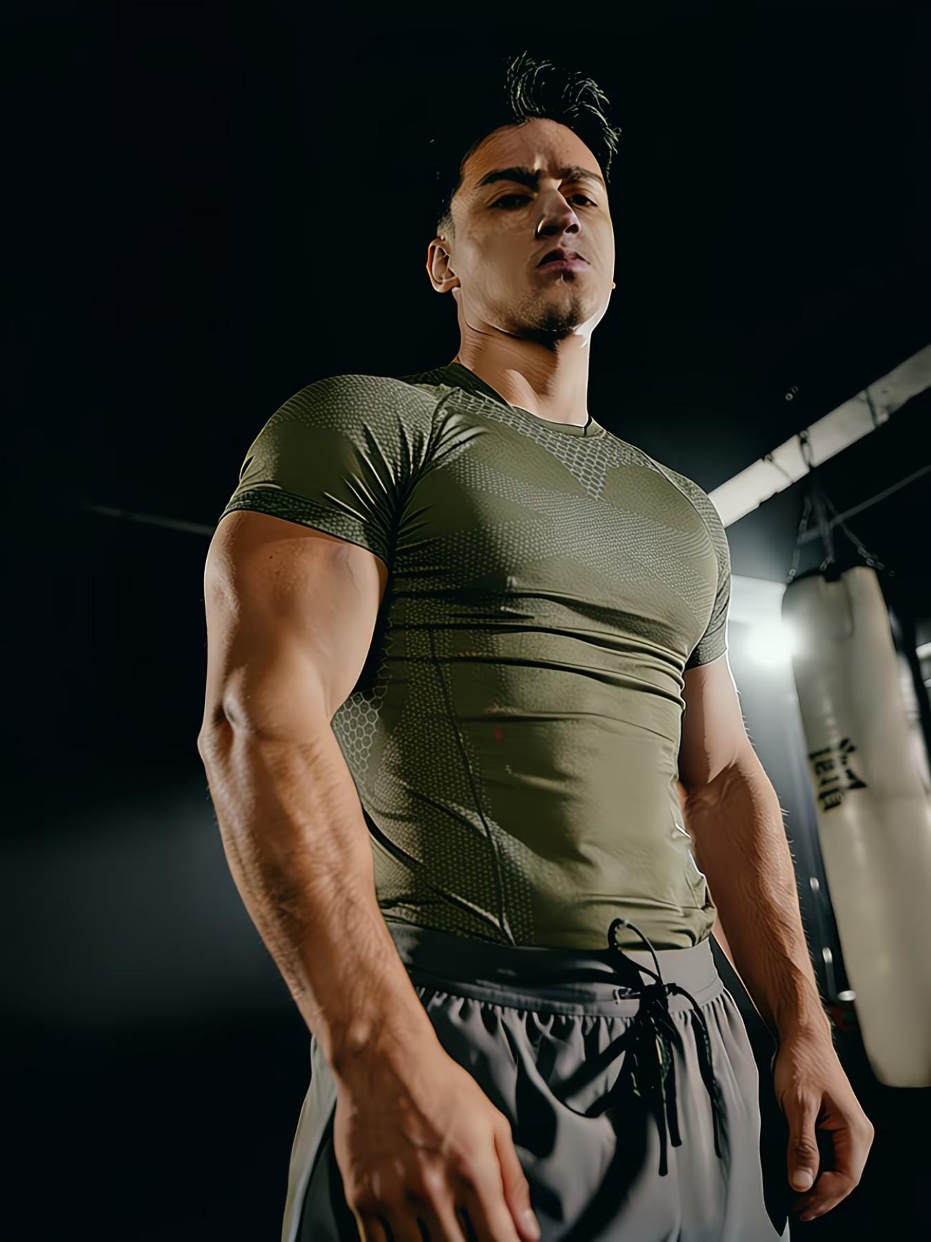 Men's Honeycomb Patchwork Quick-Dry Fitted T-Shirt, Stretch Breathable Wrinkle-Resistant, Boxing Running Fitness Daily Wear