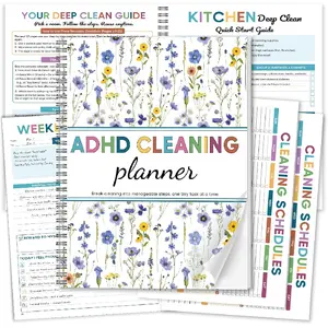 ADHD Cleaning Planner for Adults - Floral Cover Design.Undated Colorful Daily Weekly Monthly Quarterly Yearly Chore Tracker Log.Wipe-Clean PVC Spiral Journal for Organizing Home & Dopamine Menu List