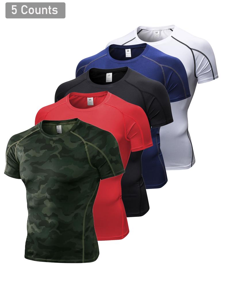 Men's Solid & Camo Print Raglan Sleeve Compression Shapewear Tee, Quick Drying Breathable Compression T-shirt, Men's Shapewear for All Seasons, Gym Tops