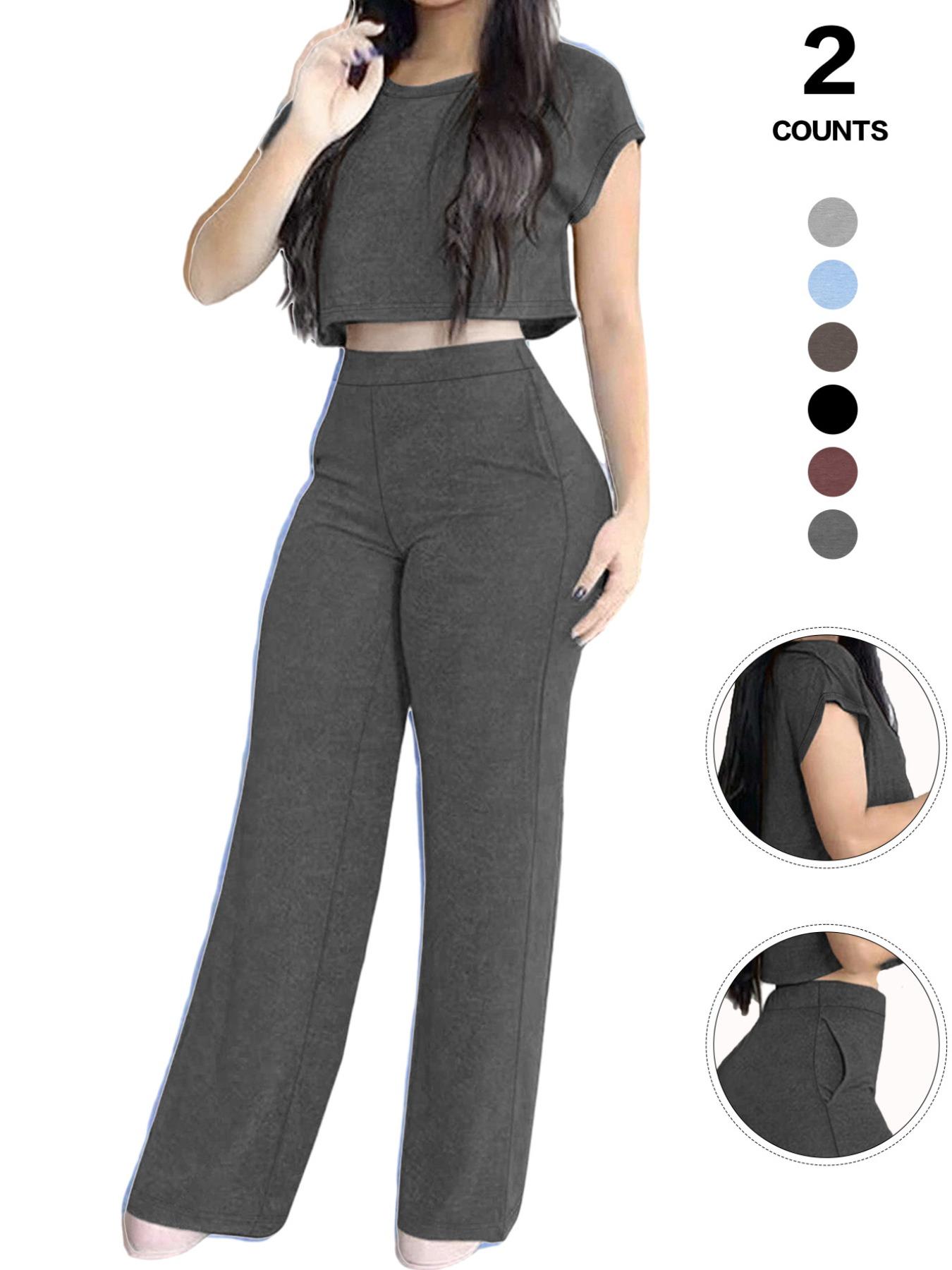 Women's Casual Elegant Solid-Color Suit Set, Short Top & High-Waisted Pants with Pockets, Comfortable Sporty Two-Piece