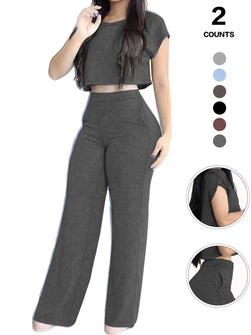 Women's Casual Elegant Solid-Color Suit Set, Short Top & High-Waisted Pants with Pockets, Comfortable Sporty Two-Piece