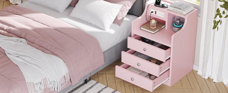 Sikaic Nightstand with Charging Station Storage Drawers Pink Bedroom Table Modern Dressing Table