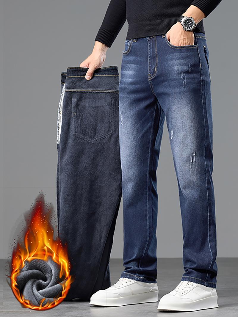 Men's Washed Denim Jeans, Thickened Fleece Lined Straight Leg Casual Pants, Fall Winter Fashion, Slimming & Height-Enhancing Design