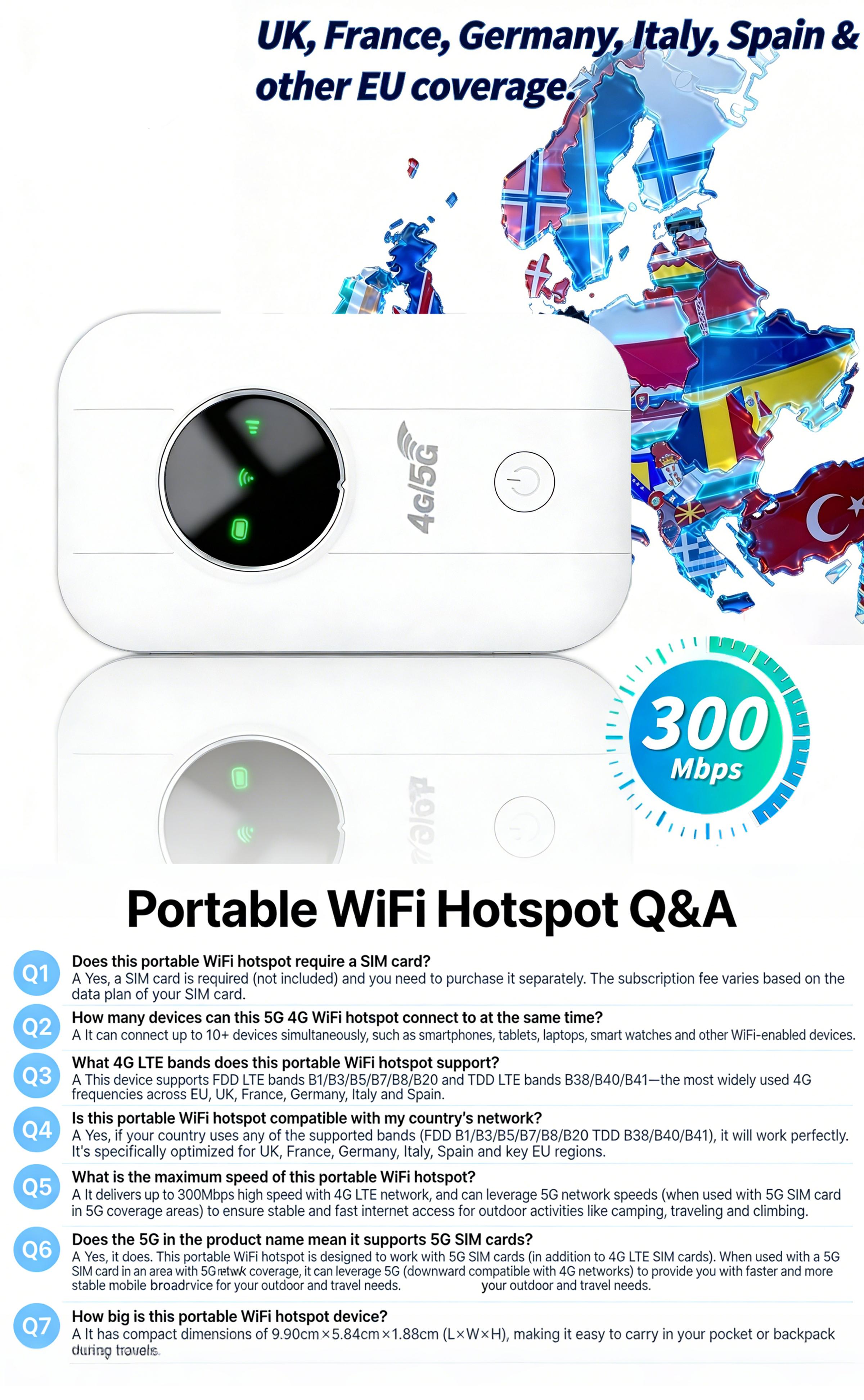 Portable 5G Mobile Hotspot Router 4G LTE Worldwide Network Compatible 300Mbps High Speed Performance 2100mAh Built in Battery Supports Up to 10 Users Simultaneous Connection Compact Pocket Size Easy Carry for Outdoor Camping Business Travel RV Life and Da