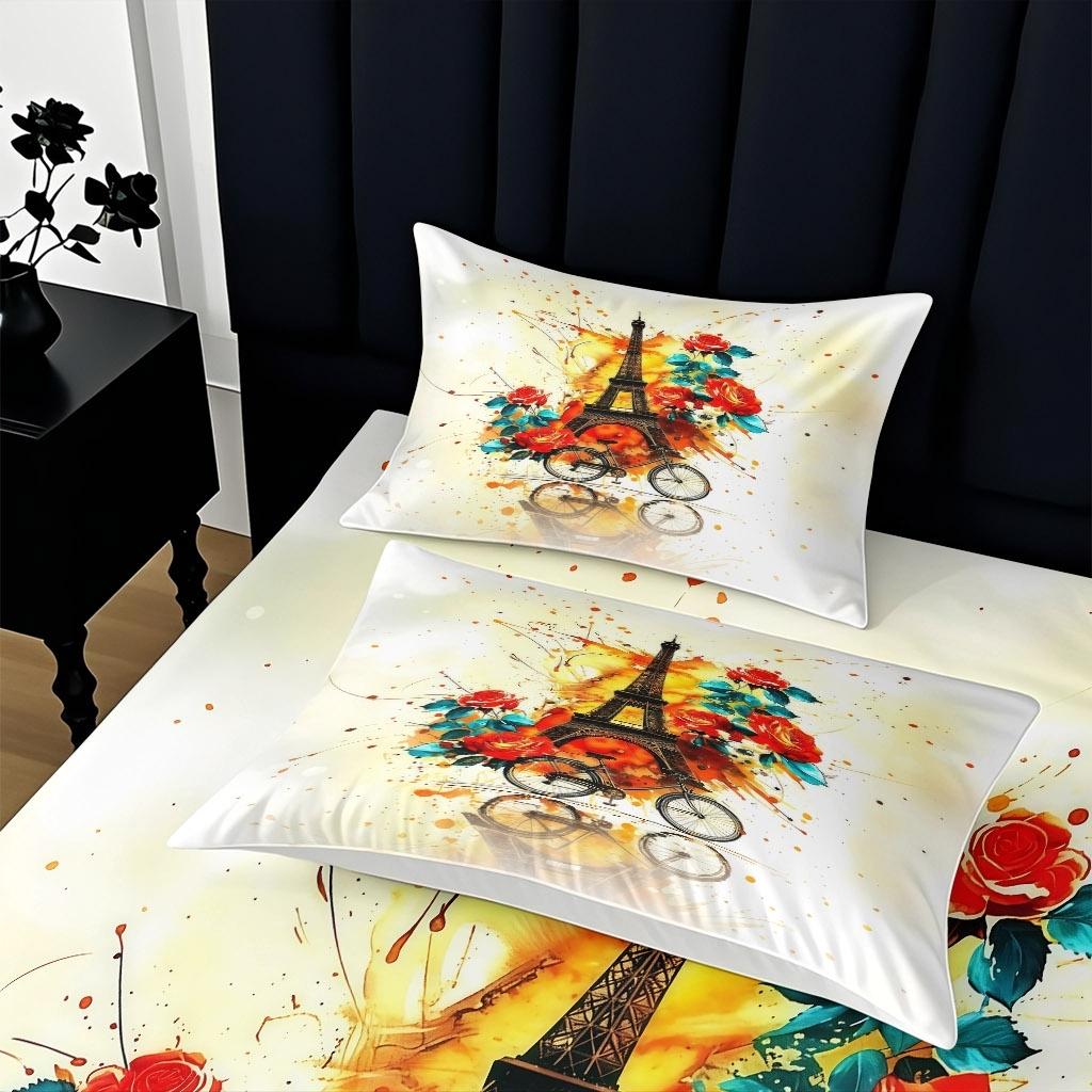 2/3 Pcs Paris Tower And Rose Pattern-themed Luxury Fitted Sheet Set(1*Fitted Sheet+1/2*pillowcase,no Filling)Skin-friendly Soft Digital Printed Bedding Set,suitable For New Year,festival Gifts For Family.suitable For All Year Round,machine Washable.