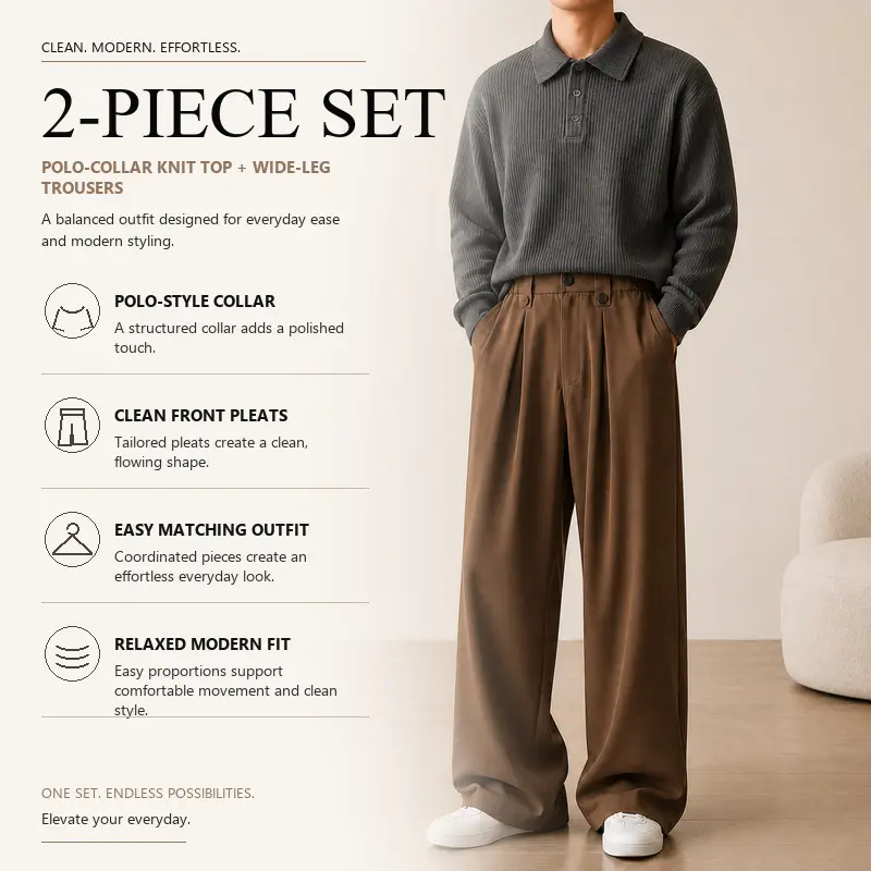 Men's Casual Sweater and Pants Set, Polo Collar Ribbed Knit Sweater with Wide Leg Tailored Pants, 8 Curated Solid Color Pairings, Sizes S-XXL, Daily Work Travel Style, Group 10