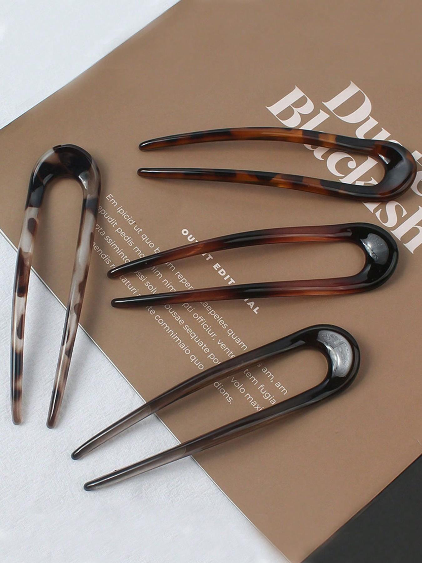 French Vintage Tortoise Shell Hair Pins - Cellulose Acetate U-Shaped 2-Prong Updo Chignon Clips for Women & s, Elegant Hairstyle Accessories, Vintage Hair Accessories, Natural Iridescent Finish