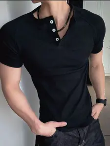 Men's Ribbed Henley T-Shirt, Slim Fit Short Sleeve Button Neck Muscle Tee, Casual Daily Wear, Sports Outdoor, Fitness, Travel Vacation
