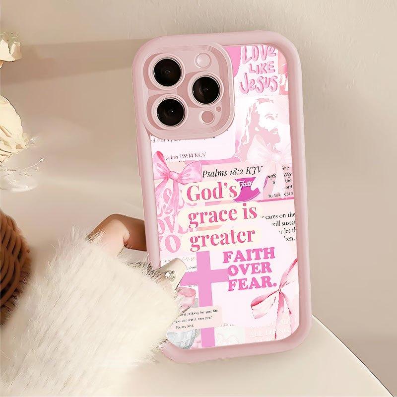 Protect Your Phone Soft Pink Phone Case with The Cross Of Jesus Pattern UV Printing for iPhone 17 Air 16 15 16e 14 13 12 11 Pro Max Plus X XS Lightweight and