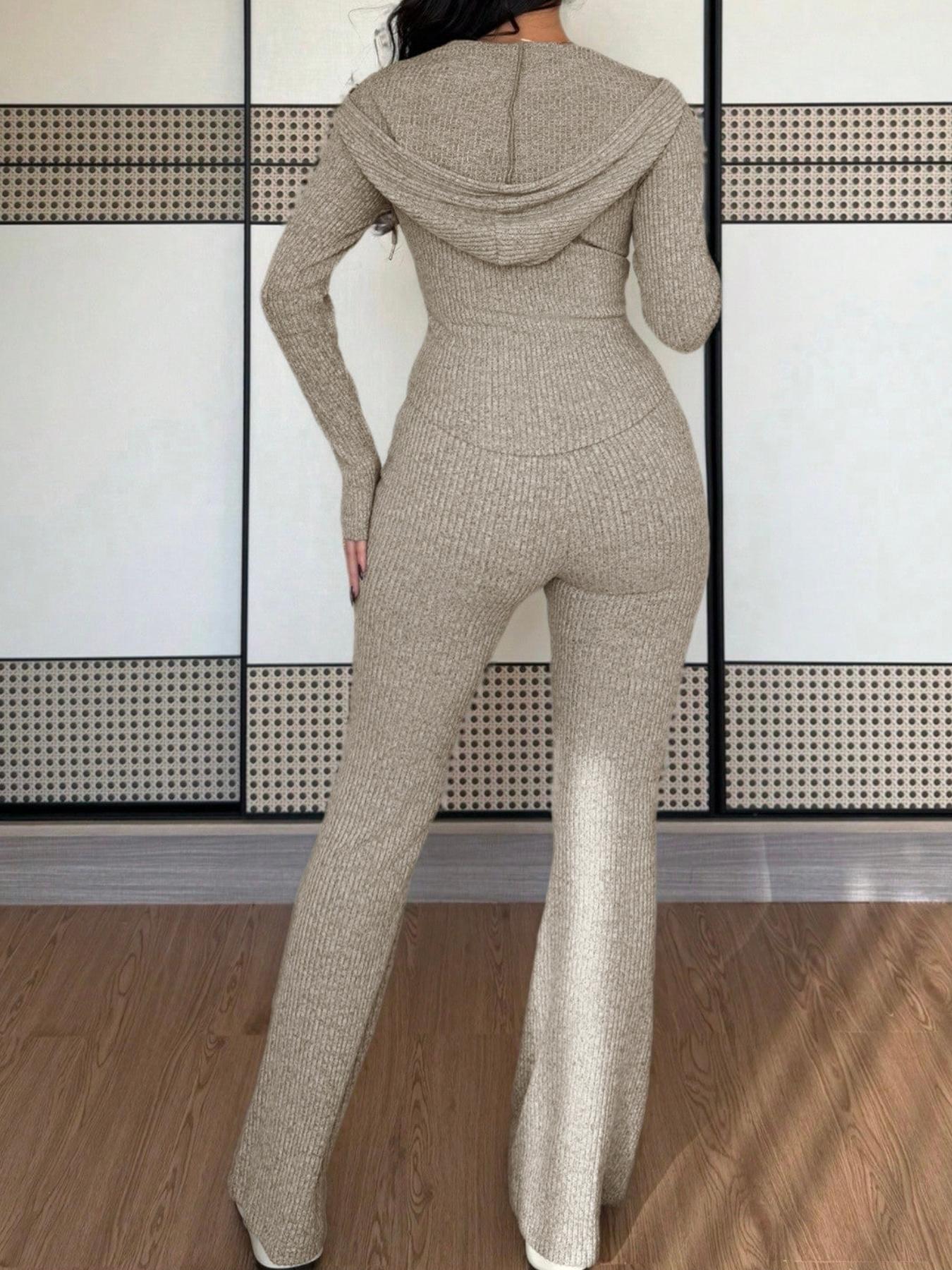 Classic Suit Set, Casual Hooded Fitted Long Sleeve Jacket & Flared Knit Pants Set, Two-Piece with Pockets, Comfortable Fashion for Daily Wear Womenswear, Curve Hugging, Stylish, Waist Cinching, Comfy, Minimalist Chic
