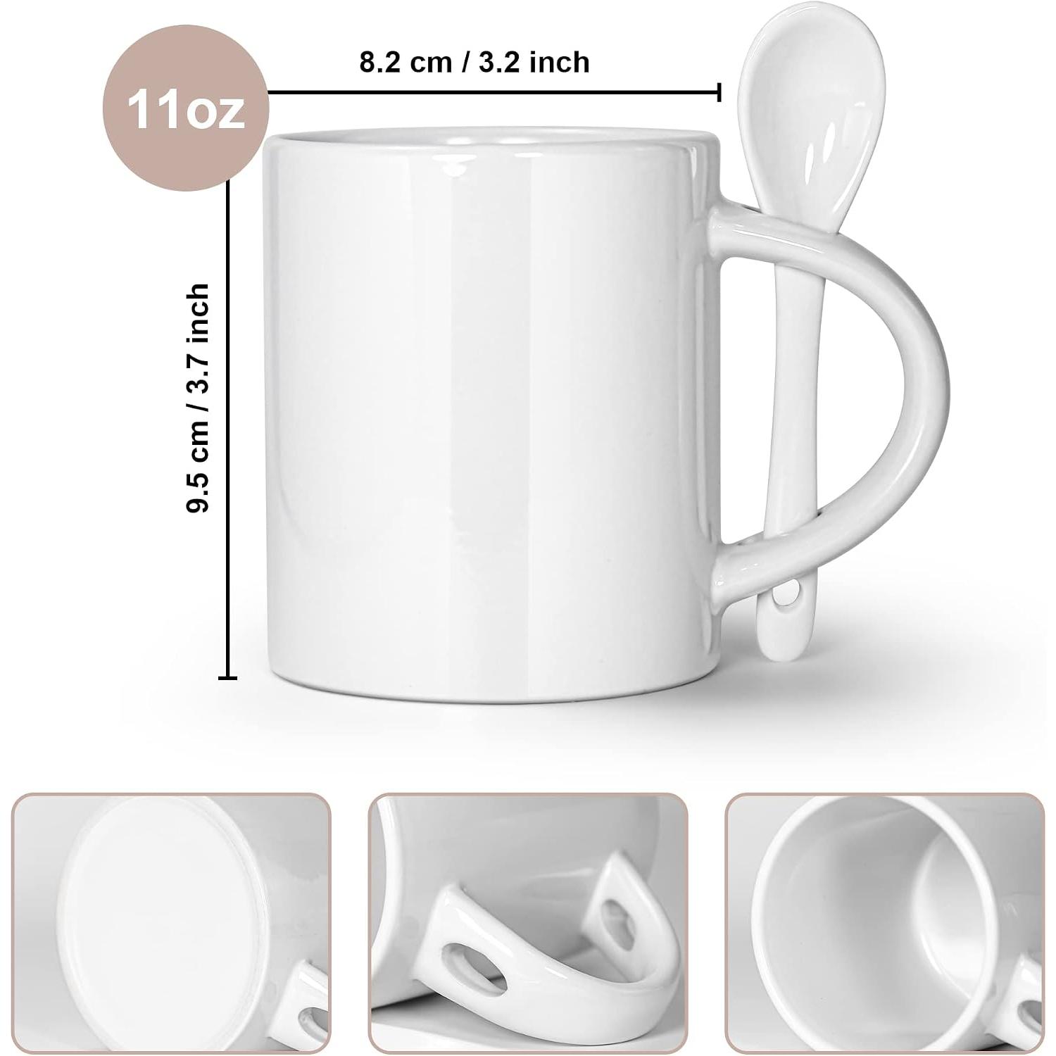Sublimation Coffee Mugs Blank 11 oz, White Straight Ceramic Cups with White Interior, Handle, Spoon, Bulk Bundle Set of 12