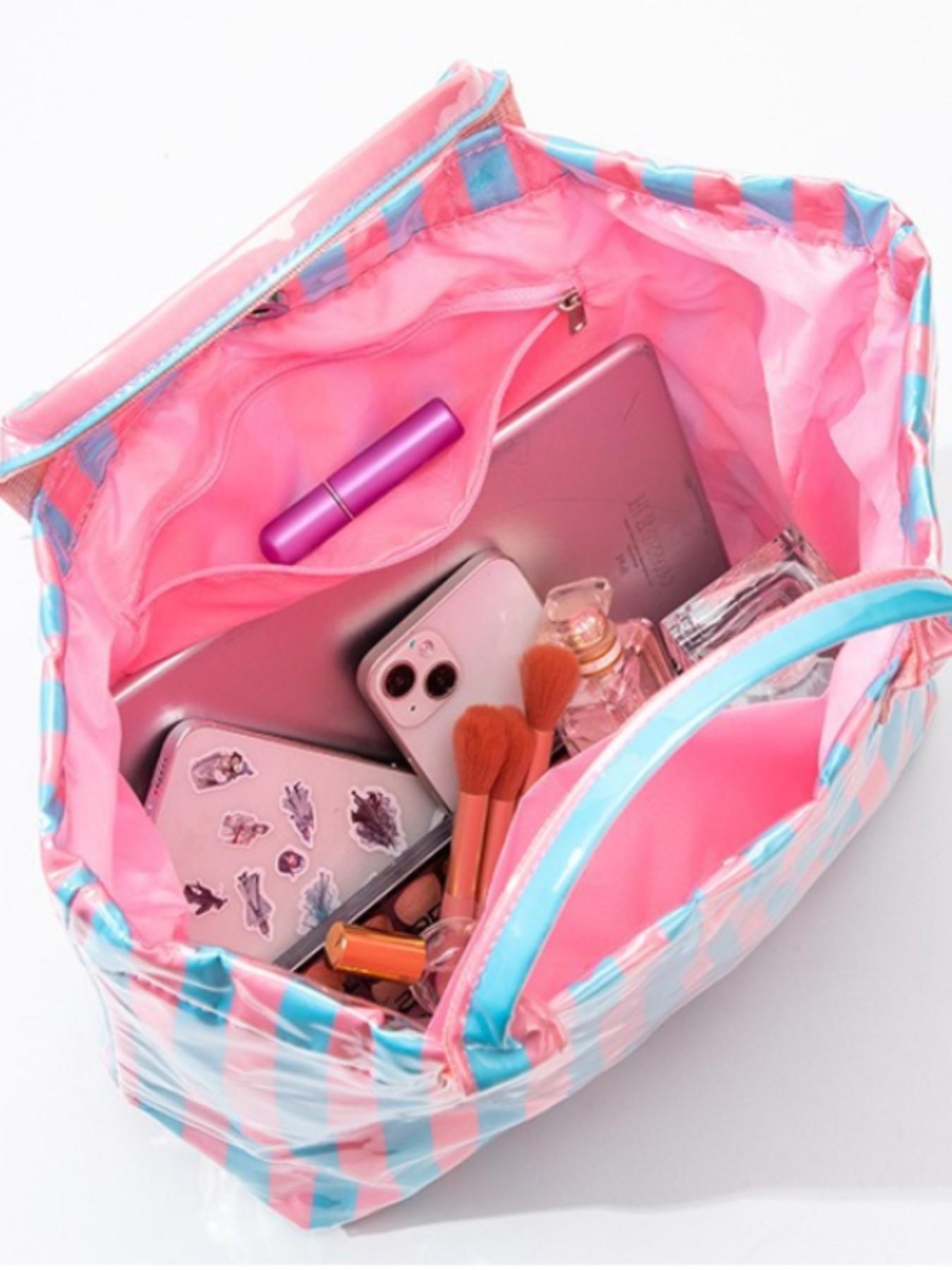 2026 New Striped Handbag Tote Bag, Large Capacity Shopping Bag, PVC Waterproof Fabric, Velcro Closure, Ideal for Daily Commute, Beach Vacation, Travel