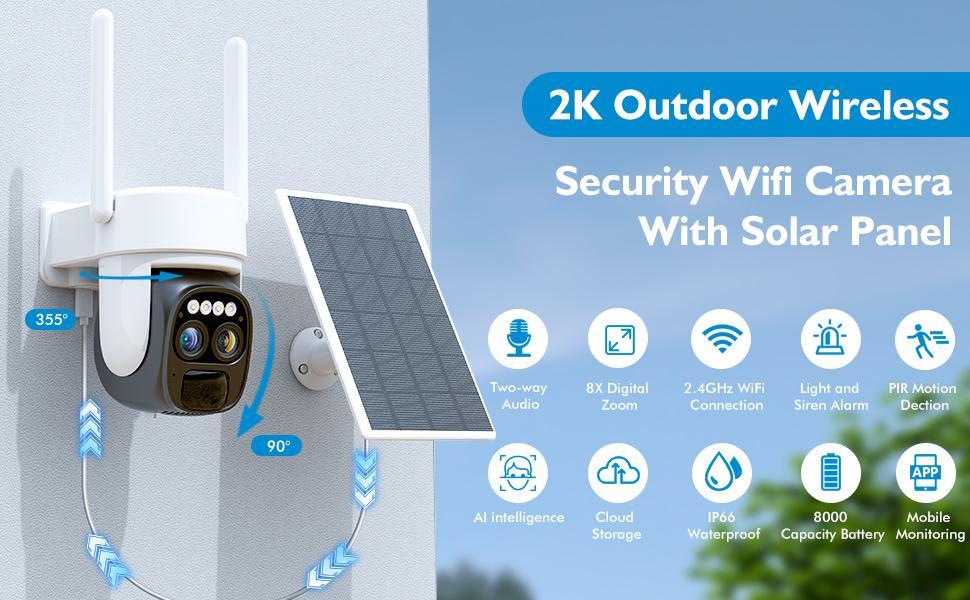 Hawkray Solar Wireless Outdoor Camera Dual-Lens 10X Zoom 2K Resolution 360° Pan Tilt Control Two-Way Audio with Spotlight Siren PIR Motion Detection Card Remote Safety Connection Black Sd Water Proof