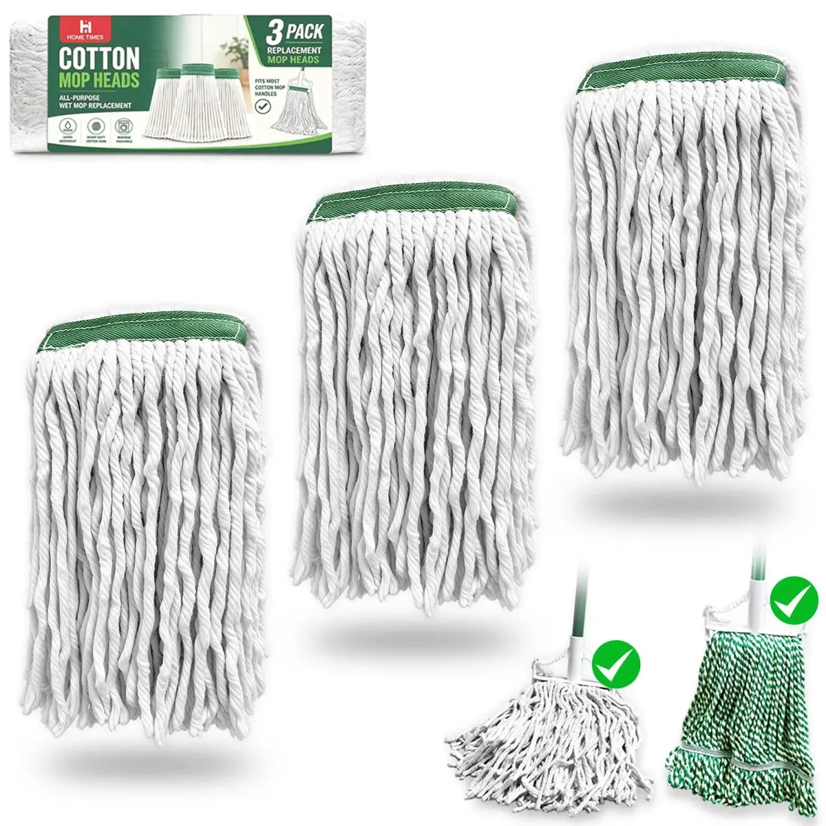 Home Times 1/3Pk White Cotton Mop Heads Replacement Refills, Heavy String Heads Compatible Libman Handles Home Industrial Commercial Use