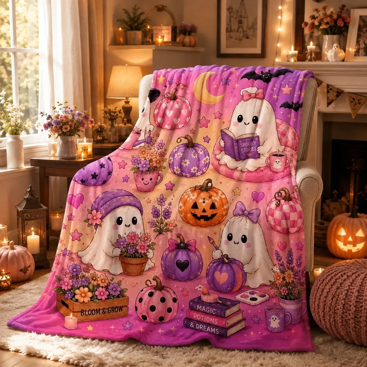 Cute Pink Ghost Halloween Flannel Throw Blanket, Soft Cozy Spooky Blanket with Floral Pumpkin Design, Kawaii Fall Blanket for Bed Sofa Couch, Halloween Home Decor Gift