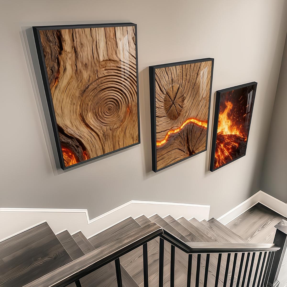 3 Counts Aluminum Alloy Framed Painting, Burning Wood Texture And Flowing Lava Art Pictures, Home Decoration For Living Room, Bedroom, Office, Restaurant, Hallway Wall Decor, Odorless Print Artwork, Luxury Perfect Gift For Friends And Family