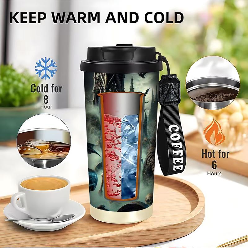 1pc 18oz Insulated Cup, Gothic Scene with Mysterious Character and Skeletal Hand, Double-Wall Design for Hot or Cold Beverages